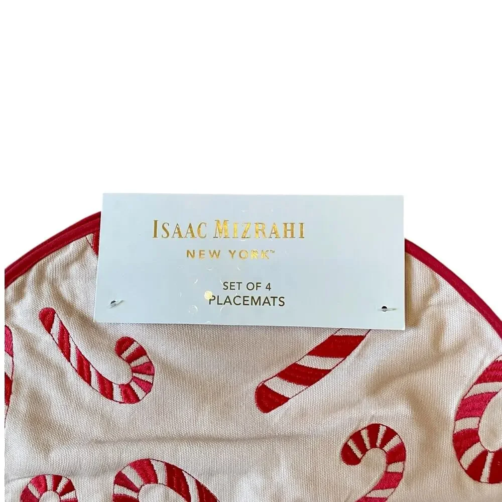 Isaac Mizrahi CANDY CANE Christmas Placemats 15in Embroidered Cotton Pink & Red